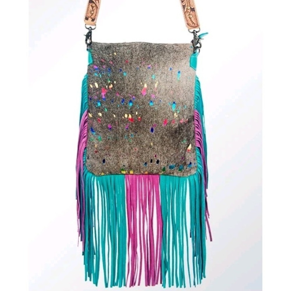American Darling Messenger Hand Tooled Hair On Leather Western Paint Splatter